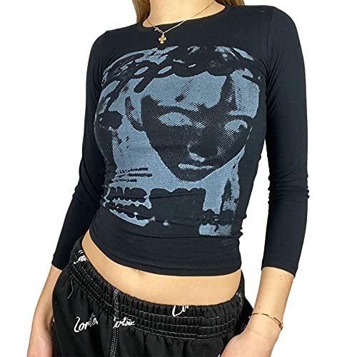 Damen Gesicht Porträt Crop Top 90s Vintage Grafik Langarm E-Girl Harajuku T-Shirts Y2K Ästhetische Bluse Tops Streetwear (A-Schwarz, L) von Mayber