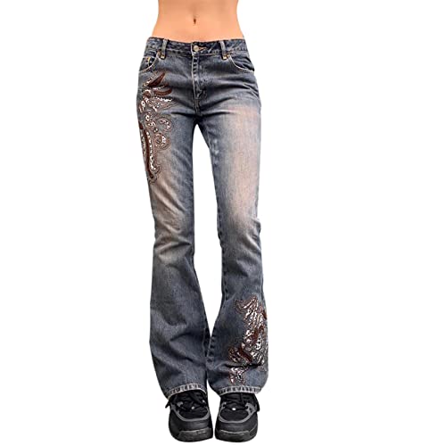 Damen Low Waist Wide Leg Jeans Vintage Print Baggy Hose Y2k Distressed Straight Denim Pants Slim Flare Jean E Girl Streetwear (Blau, S) von Mayber