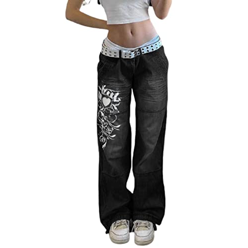 Damen Low Waist Wide Leg Jeans Vintage Print Baggy Hose Y2k Distressed Straight Denim Pants Slim Flare Jean E Girl Streetwear-A2,M von Mayber