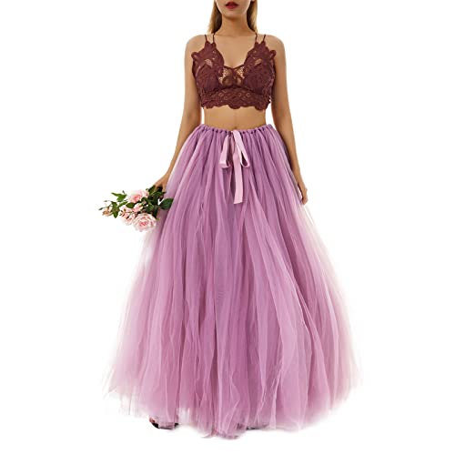 Damen Tutu Langer Rock Hoher Schlitz Layered Tüll Maxi Puffy Röcke Verstellbare Taille Bodenlang Cocktail Hochzeit Tüllrock (Dunkelpink, Einheitsgröße) von Mayber