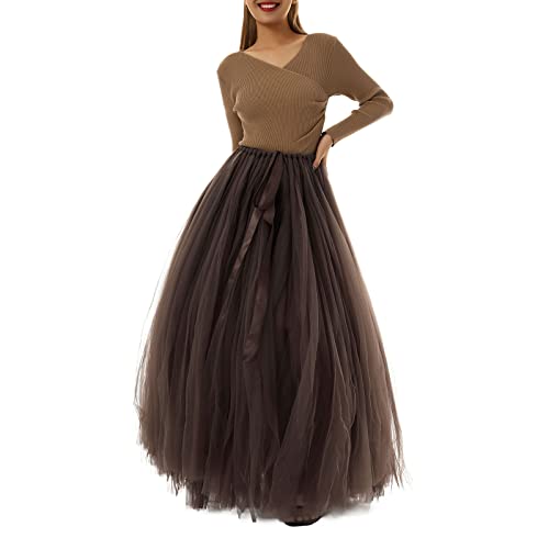 Damen Tutu Langer Rock Hoher Schlitz Layered Tüll Maxi Puffy Röcke Verstellbare Taille Bodenlang Cocktail Hochzeit Tüllrock (Kaffee, Einheitsgröße) von Mayber