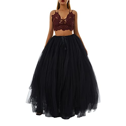 Damen Tutu Langer Rock Hoher Schlitz Layered Tüll Maxi Puffy Röcke Verstellbare Taille Bodenlang Cocktail Hochzeit Tüllrock (Schwarz, Einheitsgröße) von Mayber