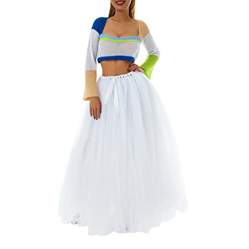 Damen Tutu Langer Rock Hoher Schlitz Layered Tüll Maxi Puffy Röcke Verstellbare Taille Bodenlang Cocktail Hochzeit Tüllrock (Weiß, Einheitsgröße) von Mayber