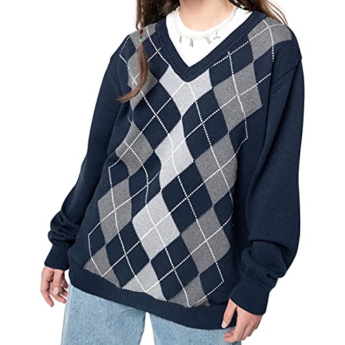 Damen V-Ausschnitt Strickpullover Y2k Preppy Stil Argyle Plaid Pullover Geometrische Muster Langarm Pulli Strickoberteile (Dunkelblau, L) von Mayber