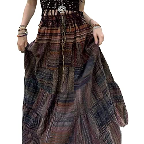 Damen Vintage Blumendruck Rock Y2k Grunge Midi Röcke Hohe Taille Ästhetisches Mesh Doppelschicht Boho Langer Rock Streetwear (Braun C, S) von Mayber