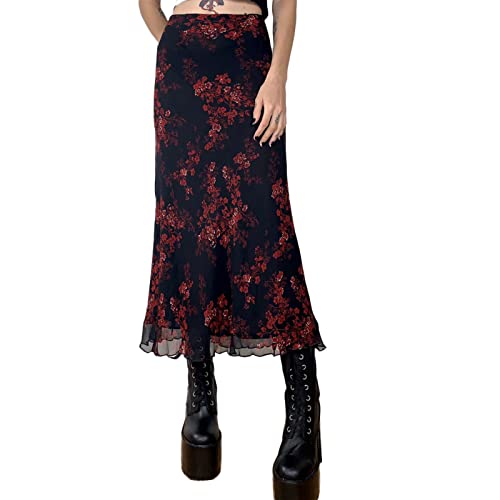 Damen Vintage Blumendruck Rock Y2k Grunge Midi Röcke Hohe Taille Ästhetisches Mesh Doppelschicht Boho Langer Rock Streetwear-A5,L von Mayber