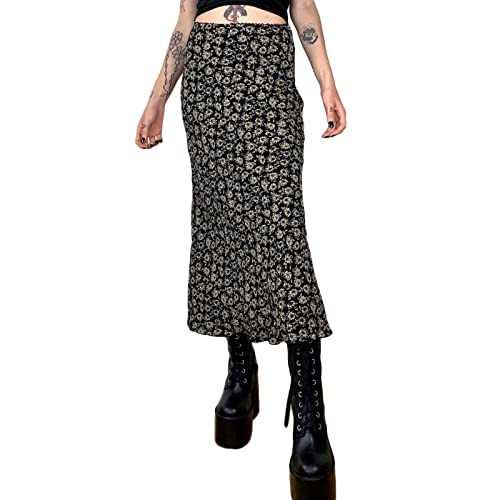 Damen Vintage Blumendruck Rock Y2k Grunge Midi Röcke Hohe Taille Ästhetisches Mesh Doppelschicht Boho Langer Rock Streetwear-A6,S von Mayber