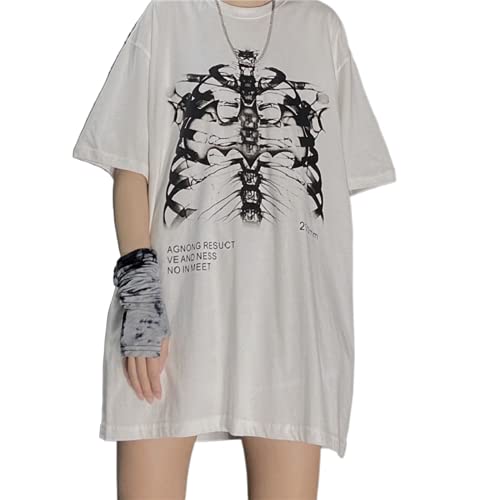 Damen Y2k Gothic Punk Skeleton T-Shirts Gothic Vintage Grafik Drucken Kurzarm E-Girls 90s Harajuku Ästhetisches Crop Top (B-Weiß 1, M) von Mayber