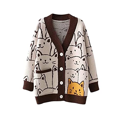 Damen Y2k V-Ausschnitt Button-Down-Strickjacke Niedliche Cartoon Katze Grafik Strickjacke Langarm Lose Vintage Pullover Strickwaren Mantel (Kaffee, One Size) von Mayber