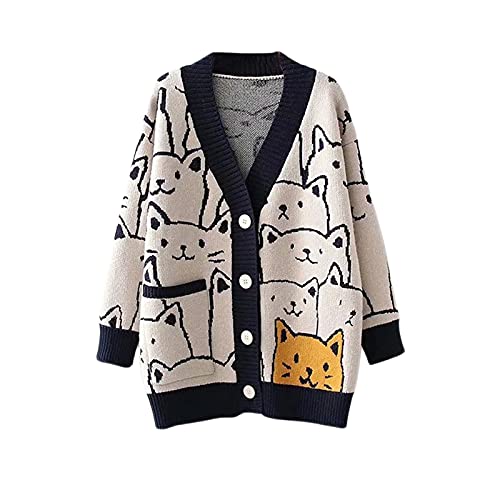 Mayber Damen Y2k V-Ausschnitt Button-Down-Strickjacke Niedliche Cartoon Katze Grafik Strickjacke Langarm Lose Vintage Pullover Strickwaren Mantel (Navy blau, One Size) von Mayber