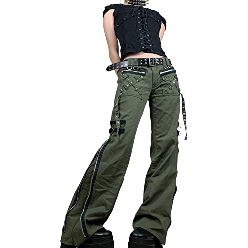 Mayber Damen Y2k Weite Beinhose Gothic Baggy Hose Lässige Hohe Taille Punk Lose Gerade Hosen E Girl Streetwear-Freizeithose grün,L von Mayber