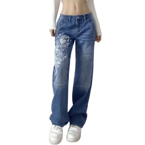 Mayber Damen Indie Aesthetic Jeans Vintage Niedrige Taille Baggy Denim Hosen Gerade Breites Bein Jeanshosen 90er Hippie Y2K Streetwear (Blau, S) von Mayber