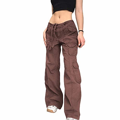 Mayber Damen Low Waist Cargo Jeans Gerade Breites Bein Baggy Denim Hosen Y2k Indie Aesthetic Vintage Jeanshosen 90er Streetwear (S-Braun, L) von Mayber