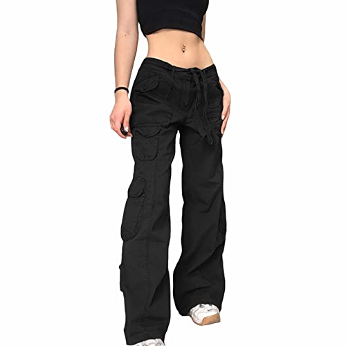 Mayber Damen Low Waist Cargo Jeans Gerade Breites Bein Baggy Denim Hosen Y2k Indie Aesthetic Vintage Jeanshosen 90er Streetwear (S-Schwarz, S) von Mayber