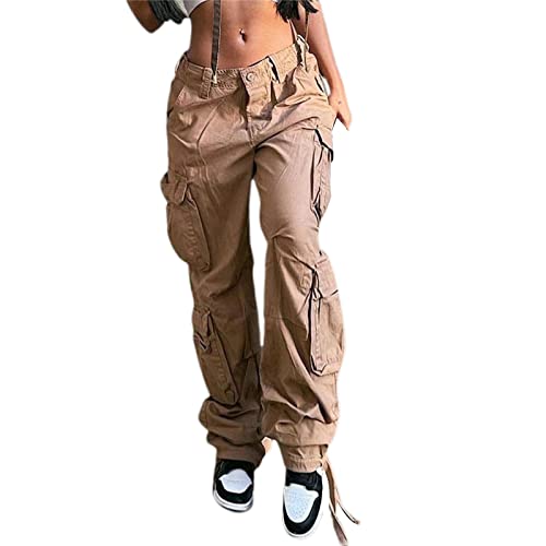 Mayber Damen Low Waist Cargo Jeans Gerade Breites Bein Baggy Denim Hosen Y2k Indie Aesthetic Vintage Jeanshosen 90er Streetwear (Y-Khaki, L) von Mayber