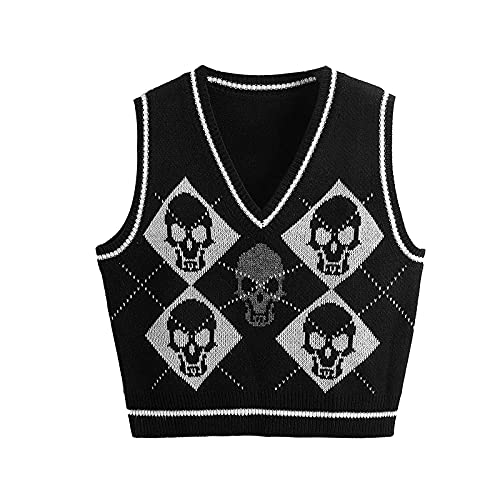 Mayber Damen Y2k Pullunder V-Ausschnitt Ärmellose Pullover Preppy Argyle Strickpullover Weste Schädel Skeleton Crop Tank Tops (Schwarz, S) von Mayber