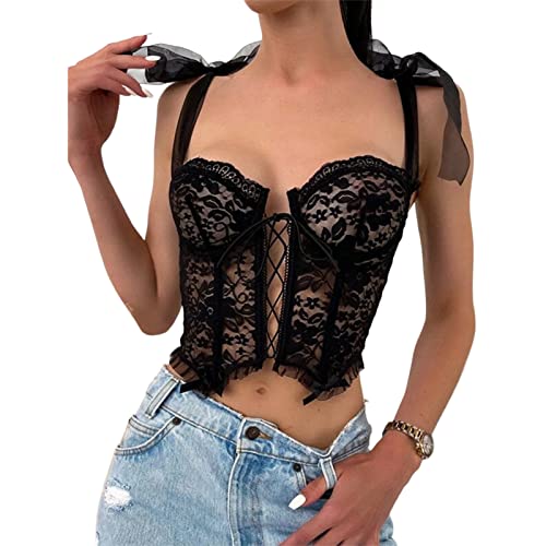 Mayber Damen Y2k Sexy Spaghetti Strap Spitze Korsett Crop Tank Top Binden Aushöhlen Durchsichtig Bustier Korsett 90er Camisole Clubwear (Schwarz, S) von Mayber