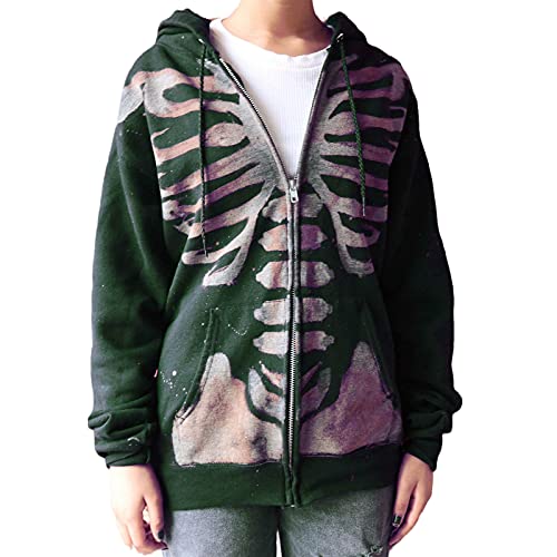 Mayber Damen Y2k Skeleton Zip Up Hoodie Strass Grafik Harajuku Gothic Übergroße Hoodies Ästhetische Pullover Sweatshirts (Grün 1, M) von Mayber