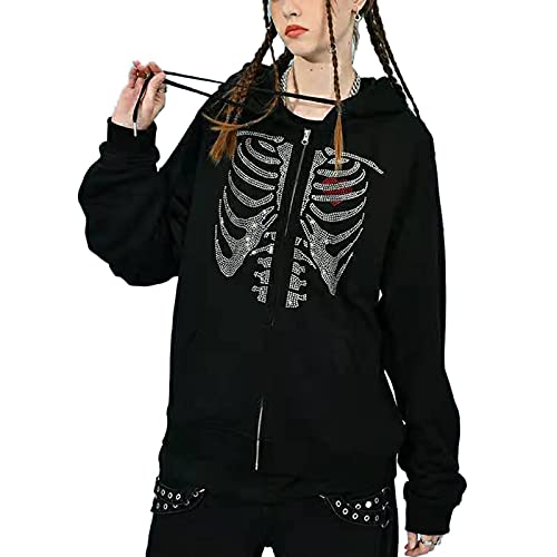 Mayber Damen Y2k Skeleton Zip Up Hoodie Strass Grafik Harajuku Gothic Übergroße Hoodies Ästhetische Pullover Sweatshirts (Schwarz, M) von Mayber