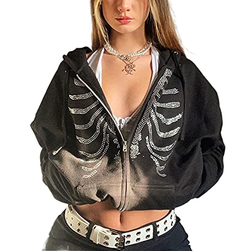 Mayber Damen Y2k Skeleton Zip Up Hoodie Strass Grafik Harajuku Gothic Übergroße Hoodies Ästhetische Pullover Sweatshirts (Schwarz A, L) von Mayber