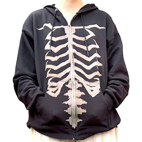 Mayber Damen Y2k Skeleton Zip Up Hoodie Strass Grafik Harajuku Gothic Übergroße Hoodies Ästhetische Pullover Sweatshirts-c2,M von Mayber