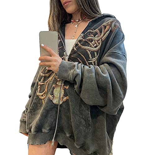 Mayber Y2k Zip Up Hoodie für Damen Schmetterling Strass Grafik Vintage Sweatshirt Oversized Langarm Ästhetische Hoodies Streetwear (Grau, L) von Mayber