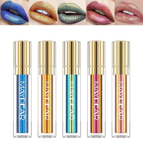 Maydear Chamäleon-Lippenstift-Set, 5 Farben, langlebig, wasserdicht, bunt, Diamant-Schimmer, Lipgloss, für Damen, Make-up-Set von Maydear