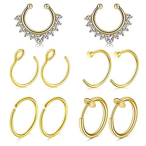 Mayhoop 10Stk Fake Piercings Fake Nasenring Septum Edelstahl Gold Fake Piercings Nase Fake Septum Piercing Face Piercing Nase Septum Lippe Ohr Ring Hoop für Männer Damen von Mayhoop