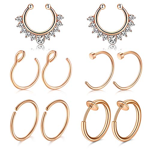 Mayhoop 10Stk Fake Piercings Nasenring Septum Edelstahl Rosegold Nase Face Piercing Lippe Ohr Ring Hoop für Männer Damen von Mayhoop