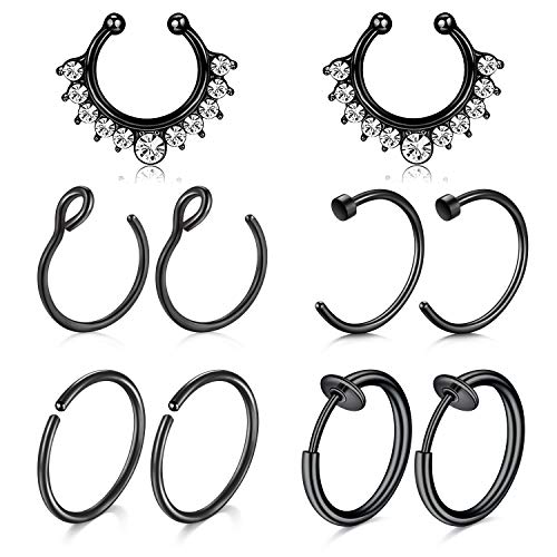 Mayhoop 10Stk Fake Piercings Fake Nasenring Septum Edelstahl Schwarz Fake Piercings Nase Fake Septum Piercing Face Piercing Nase Septum Lippe Ohr Ring Hoop für Männer Damen von Mayhoop