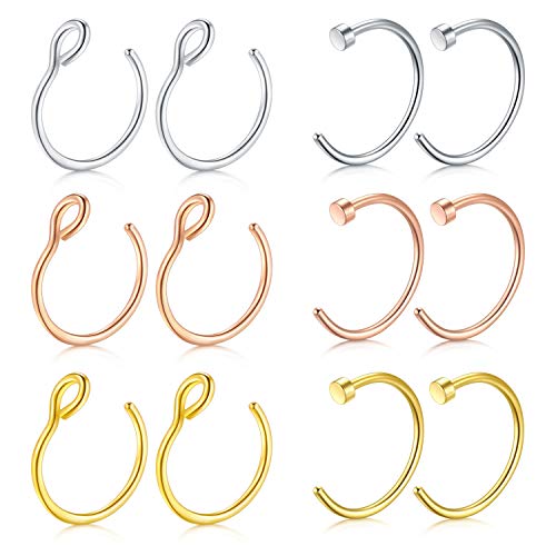 Mayhoop 12Stk 20G 8mm Nasenpiercings Fake Nasenring Silber/Rosegold/Schwarz Edelstahl Fake Piercings Nase Face Piercing Nase Lippe Ohr Ring Hoop für Männer Damen von Mayhoop