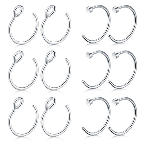 Mayhoop 12Stk 20G 8mm Nasenpiercings Fake Nasenring Silber Edelstahl Fake Piercings Nase Face Piercing Nase Lippe Ohr Ring Hoop für Männer Damen von Mayhoop