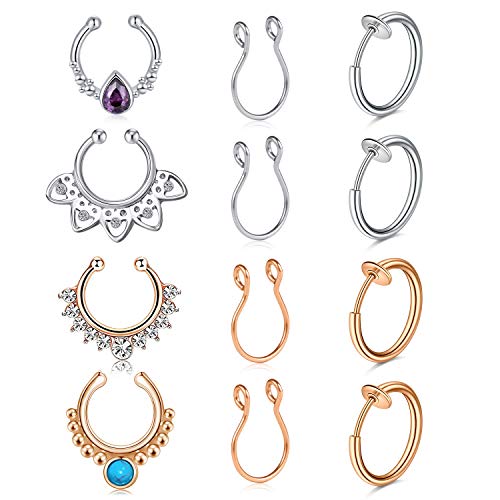 Mayhoop 12Stk Fake Piercings Fake Nasenring Septum Edelstahl mit Diamant Türkis Amethyst Fake Piercings Nase Septum Face Piercing Nase Septum Lippe Ohr Ring Hoop für Männer Damen von Mayhoop