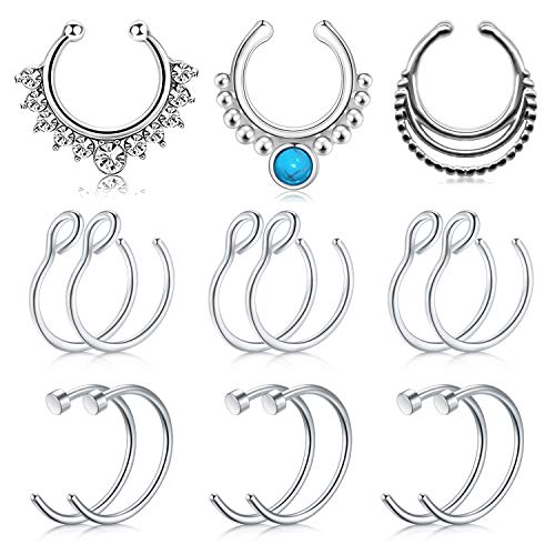 Mayhoop 15Stk Fake Piercings Fake Nasenring Septum Edelstahl mit Diamant Türkis Fake Piercings Nase Fake Septum Piercing Face Piercing Nase Septum Lippe Ohr Ring Hoop für Männer Damen von Mayhoop