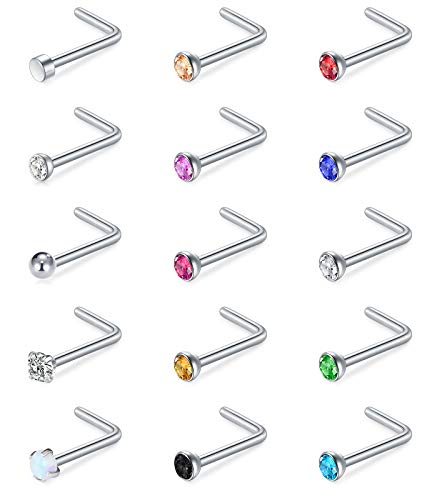 Mayhoop 15stk 20G Nasenpiercing Nasenstecker L-förmige Silber Nasenringe aus Edelstahl mit Buntem CZ-Opal für Frauen-Männer von Mayhoop