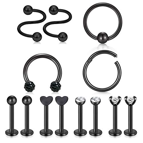 Mayhoop 16G Chirurgenstahl Helix Tragus Ohr Piercing Damen Herren Septum Labret Piercing Lippenpiercing Stud Körperschmuck 13 Stück Schwarz Set von Mayhoop