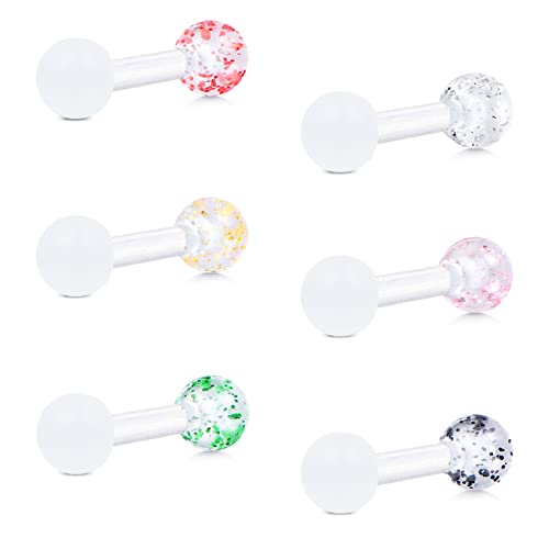 Mayhoop 16G Klar Tragus Helix Piercing Ohrringe Ohrstecker 6mm Flexibel Acryl mit Glitzerkugel Tragus Helix Piercing Lippenpiercing Labret Stud für Damen Herren 6St von Mayhoop