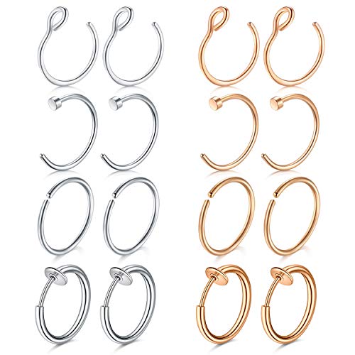 Mayhoop 16Stk 16G 18G Nasenpiercings Fake Nasenring Edelstahl Fake Piercings Nase Face Piercings Nase Lippe Ohr Ring Hoop für Männer Damen Silber Rosegold von Mayhoop