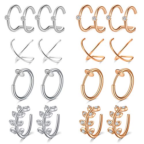 Mayhoop 16Stk Ohrklemme Ear Cuff Fake Piercings Ohr Manschette Clip on Knorpel Silber Rosegold Edelstahl Face Piercings Fake Helix Piercing Fake Nasenpiercing für Männer Damen von Mayhoop