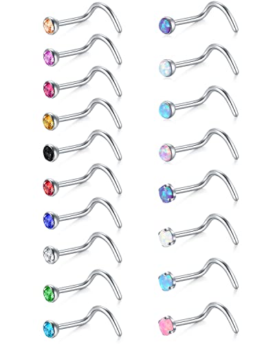 Mayhoop 18 Stück 20G Nasenringe stecker Chirurgische Stahlnase Nostril Piercing Spirale Stecker CZ opale 2MM NasenSchmuck für Frauen Männer Mädchen von Mayhoop