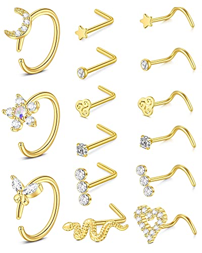 Mayhoop 18G Nasenpiercing Nasenringe Creolen Nasenstecker für Nasenpiercing Chirurgenstahl Gold Nostril Piercing Schmuck für Damen Herren 15St von Mayhoop