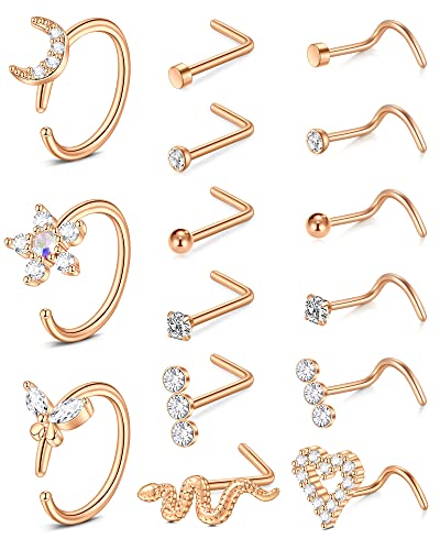 Mayhoop 18G Nasenpiercing Nasenringe Hoops Nasenstecker für Nasenpiercing Chirurgenstahl Rosegold Nostril Piercing Schmuck für Damen Herren 15St von Mayhoop