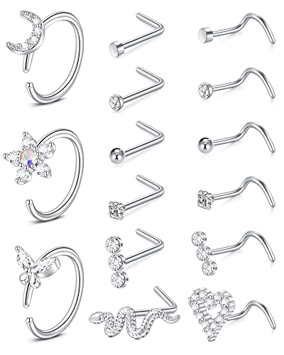 Mayhoop 18G Nasenpiercing Nasenringe Nasenstecker Chirurgenstahl Silber Nostril Piercing Schmuck für Damen Herren 15St von Mayhoop