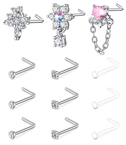 Mayhoop 20G 12Stk Nasenstecker Nasenpiercing Silber Chirurgenstahl L Förmig Nase Stecker mit Strass Nase Piercing Set für Frauen Männer von Mayhoop