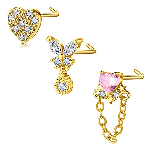 Mayhoop 20G 3Stk L Förmig Nasenring Nasenstecker Chirurgenstahl Nasen Stud Strass Goldene Nasenpiercing Schmuck für Frauen Männer von Mayhoop