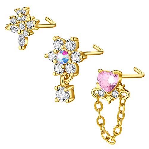 Mayhoop 20G 3Stk L Förmig Nasenring Nasenstecker Chirurgenstahl Nasen Stud Strass Goldene Nasenpiercing Schmuck für Frauen Männer von Mayhoop