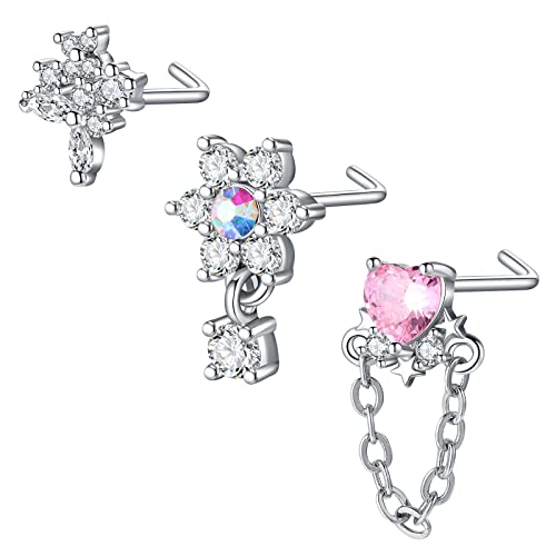 Mayhoop 20G 3Stk L Förmig Nasenring Nasenstecker Chirurgenstahl Nasen Stud Strass Silber Nasenpiercing Schmuck für Frauen Männer von Mayhoop
