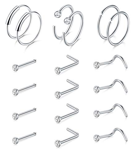 Mayhoop 20G Nasenpiercing Nasenringe Nasenstecker Edelstahl Silber 18stk L-förmiger Nasenschrauben-Nasenstift mit CZ-Top-Nasenpiercingschmuck für Frauen-Männer von Mayhoop