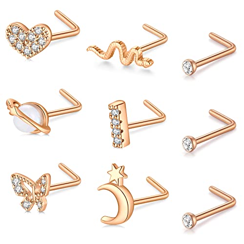 Mayhoop 20G Nasenpiercing Nasenstecker Chirurgenstahl mit Herz Blume Schmetterling Schlange Opal CZ Nasenpiercing Stecker Nasenring 9 Stück für Damen Herren Rosegold von Mayhoop