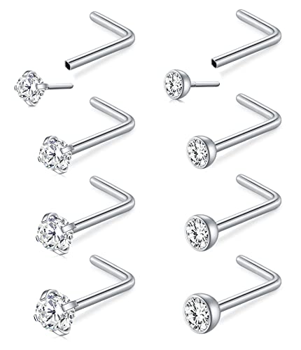 Mayhoop 20G Nasenpiercing Nasenstecker Nasenringe Chirurgenstahl Silber L-förmiger Nose Studs mit 1,5/2/2,5/3mm CZ für Damen Herren Nasenloch Piercing 8St von Mayhoop